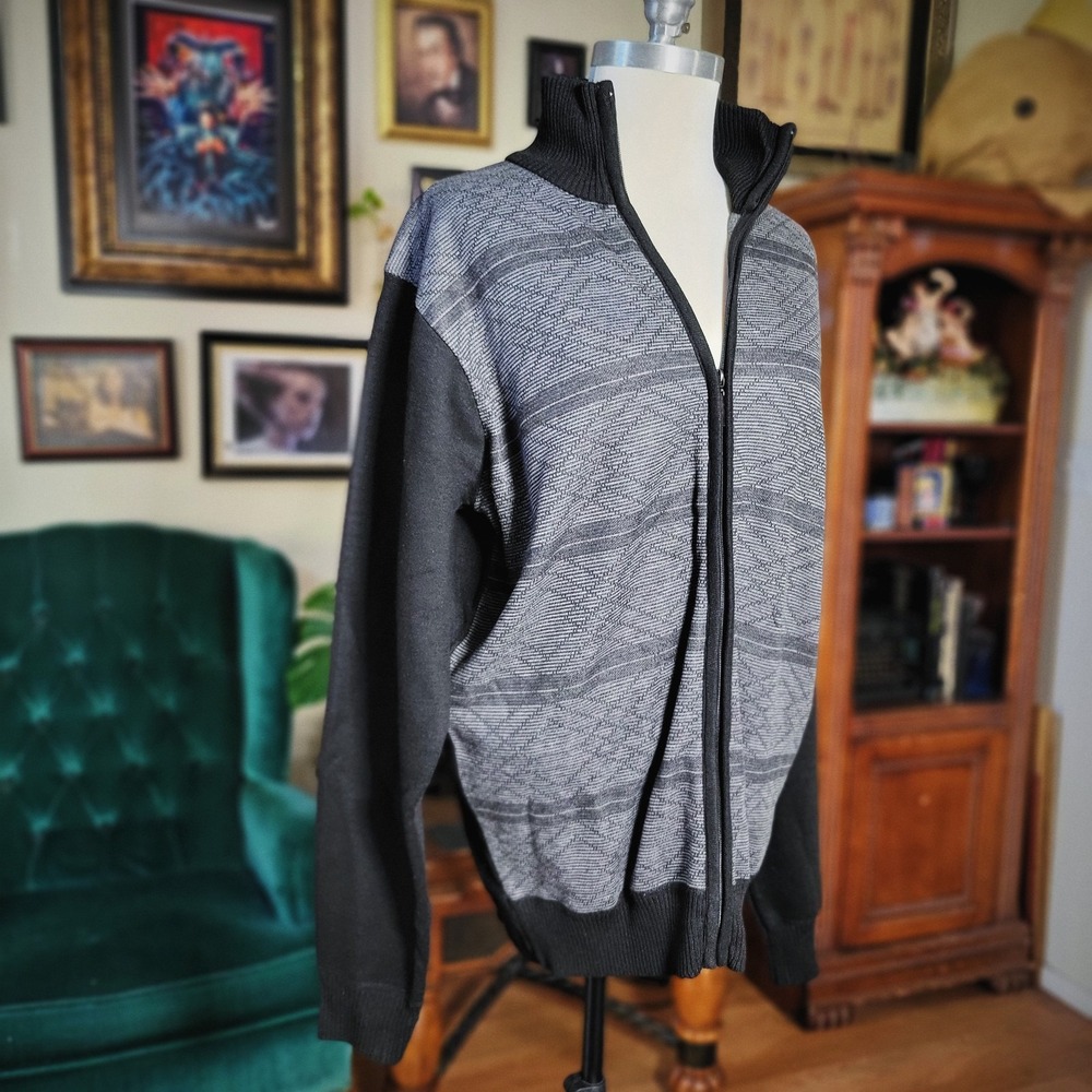 Studio By Omega Mens Jacket Black‎ Gray ZipUp Sweater Collar Long Sleeve Large
